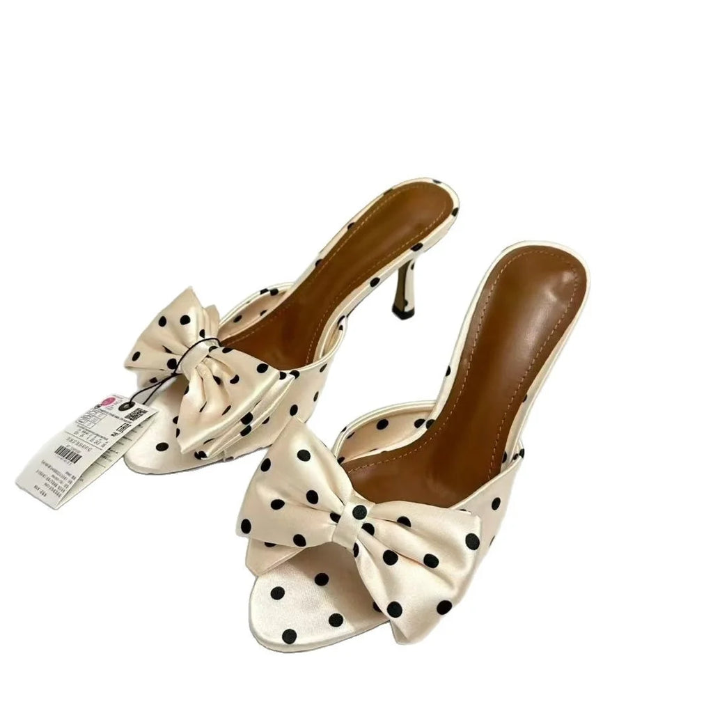Women Cream Satin Black Polka Dot Big Bow Square Open Toe Slide Mules Rubber Outsole Microfiber Midsole Summer Party Dress High