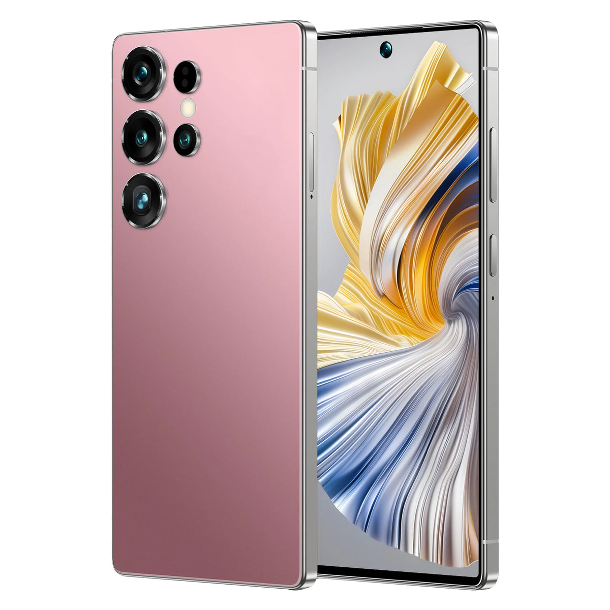 Pink smartphone with triple rear cameras and front screen with gold and blue abstract waves