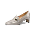 Ladies Genuine Leather Square Toe Block Heel Slip-On Formal Office Pumps with Height Increasing