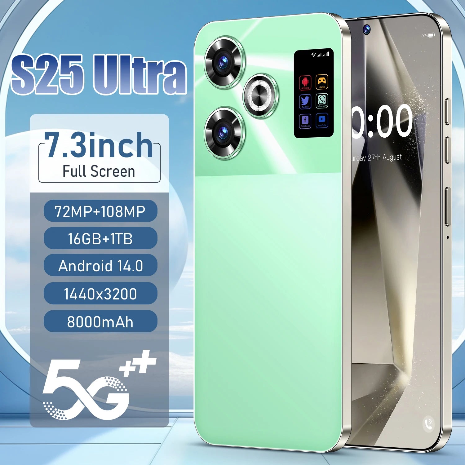S25 Ultra 5G Smartphone 1TB 16GB RAM AMOLED Display - Green Tidesmit