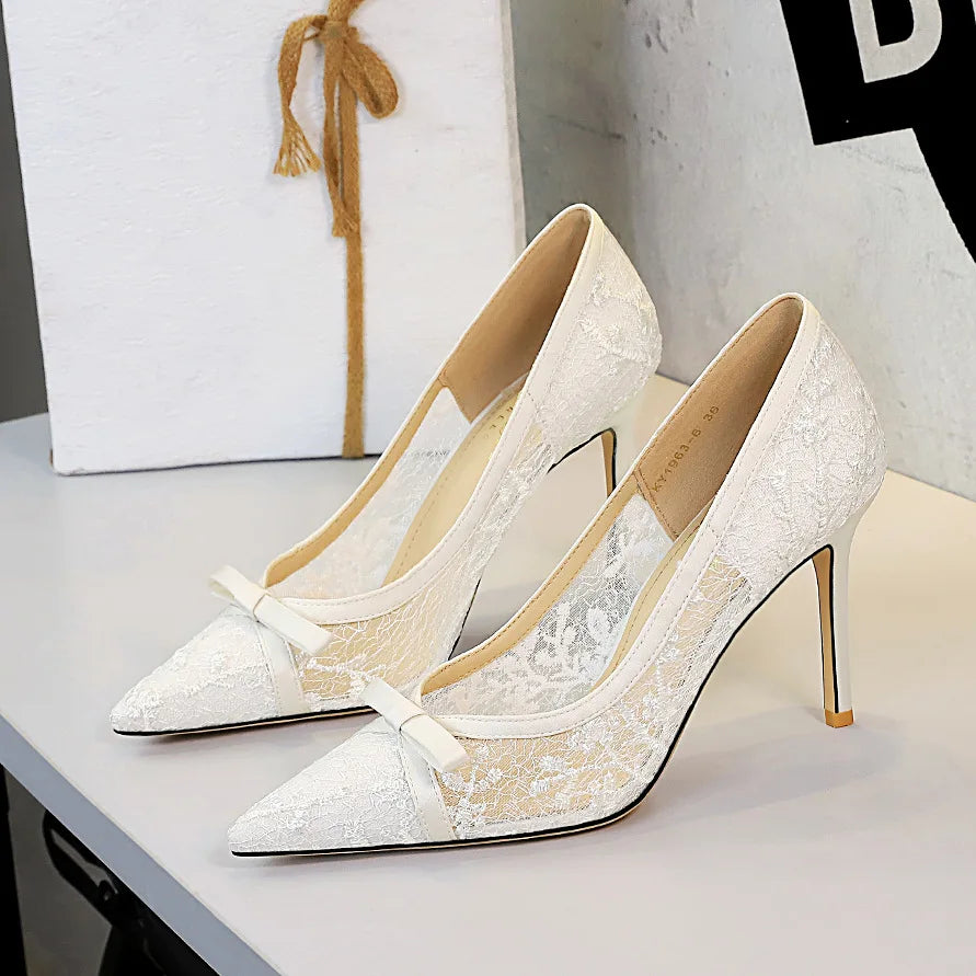 2026 New Model Formal Slip-On High Heel Womens Shoes with Bow Glitter Lace Solid Pattern Pointed Toe Low-Cut Thin Heel