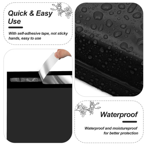 Black waterproof poly mailer with water droplets texture and quick-use self-adhesive