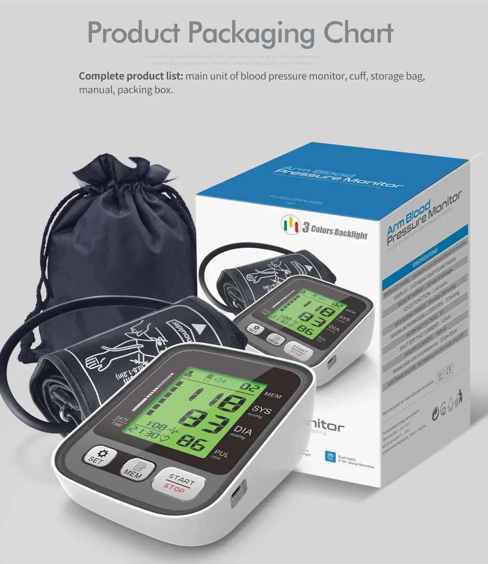 JianYouCare Digital LCD arm tensiometers Blood Pressure Monitor Heart rate Meter Large Cuff Sphygmomanometer Portable Tonometer