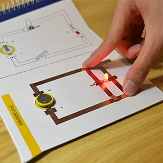 Hand applying copper foil tape along lines on a paper circuit diagram