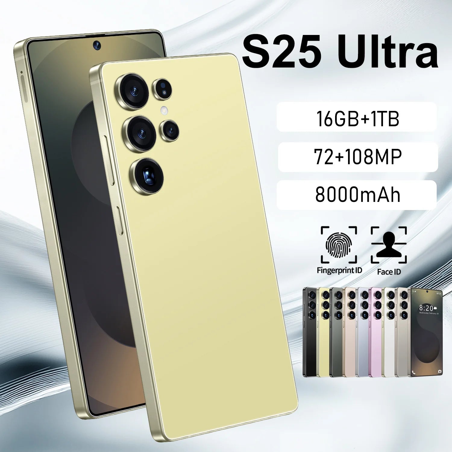 Tidesmit S25 Ultra 2025 smartphone with 7.3-inch HD screen, 108MP camera, and 22GB RAM for high-end gaming.