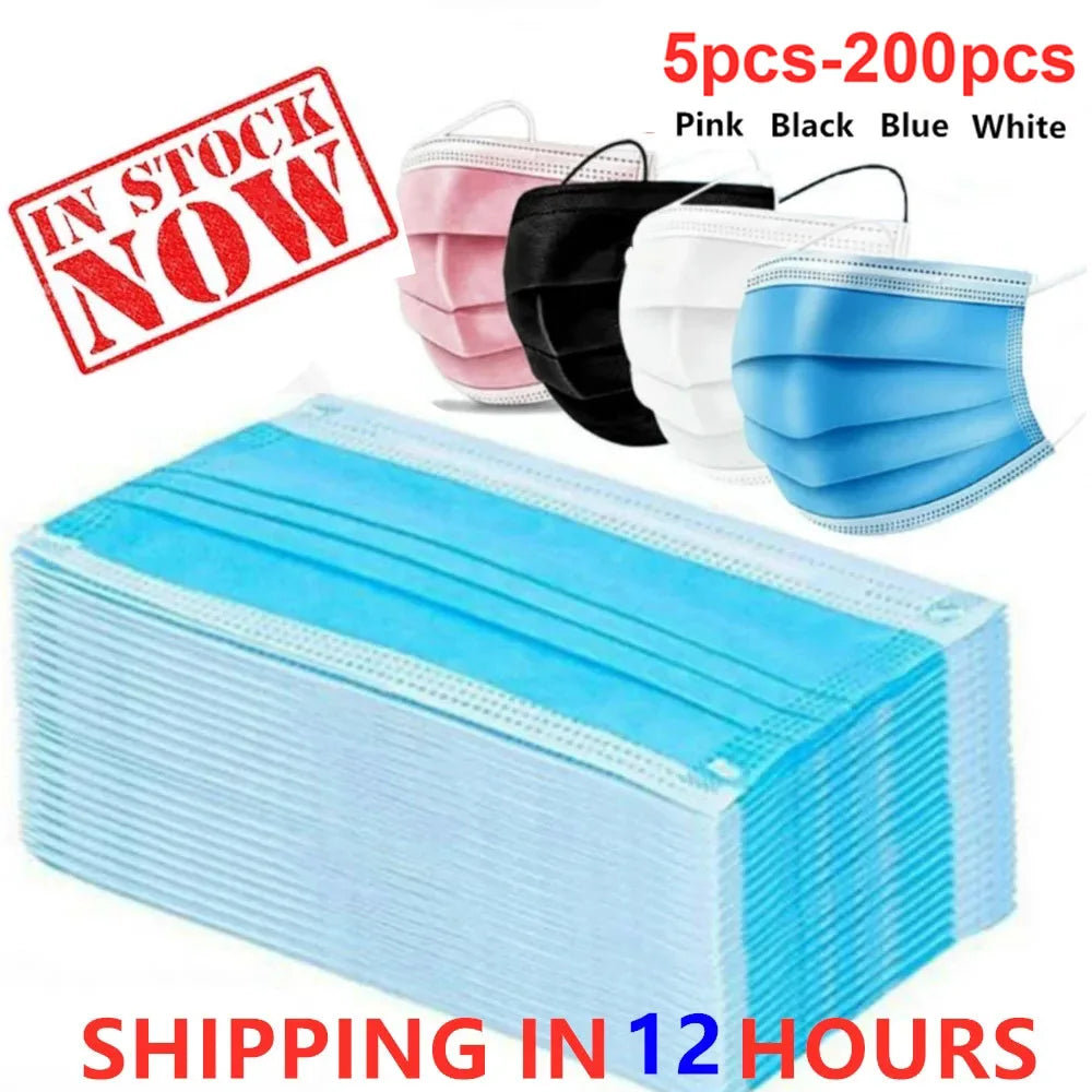 3-layer disposable face masks in pink, black, white, and blue, featuring non-woven meltblown cloth and elastic ear loops.