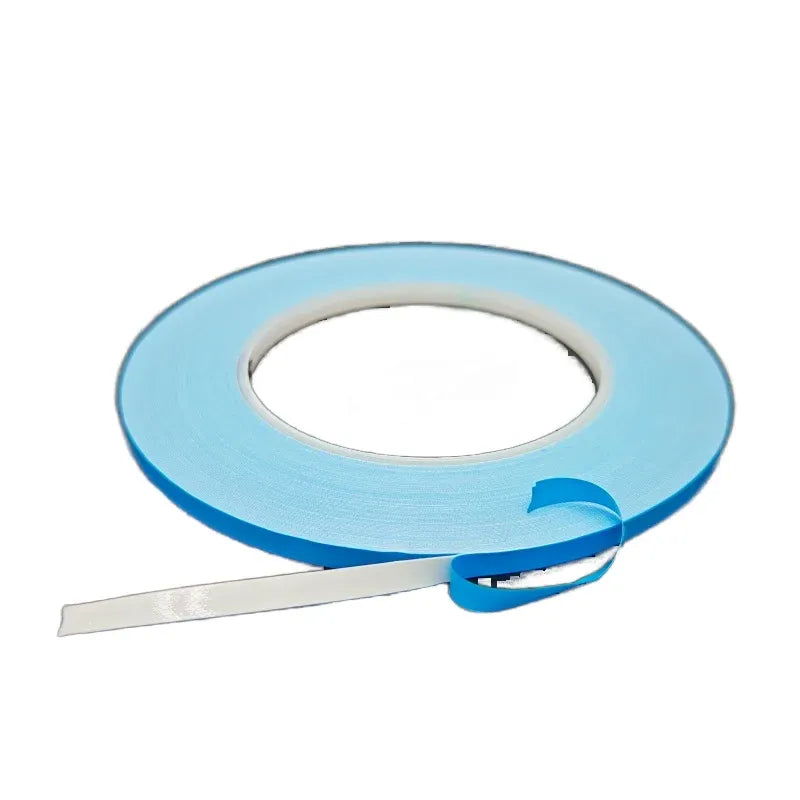 Light blue masking tape roll with loose strip end, single-sided adhesive, 4.8 cm x 10 m