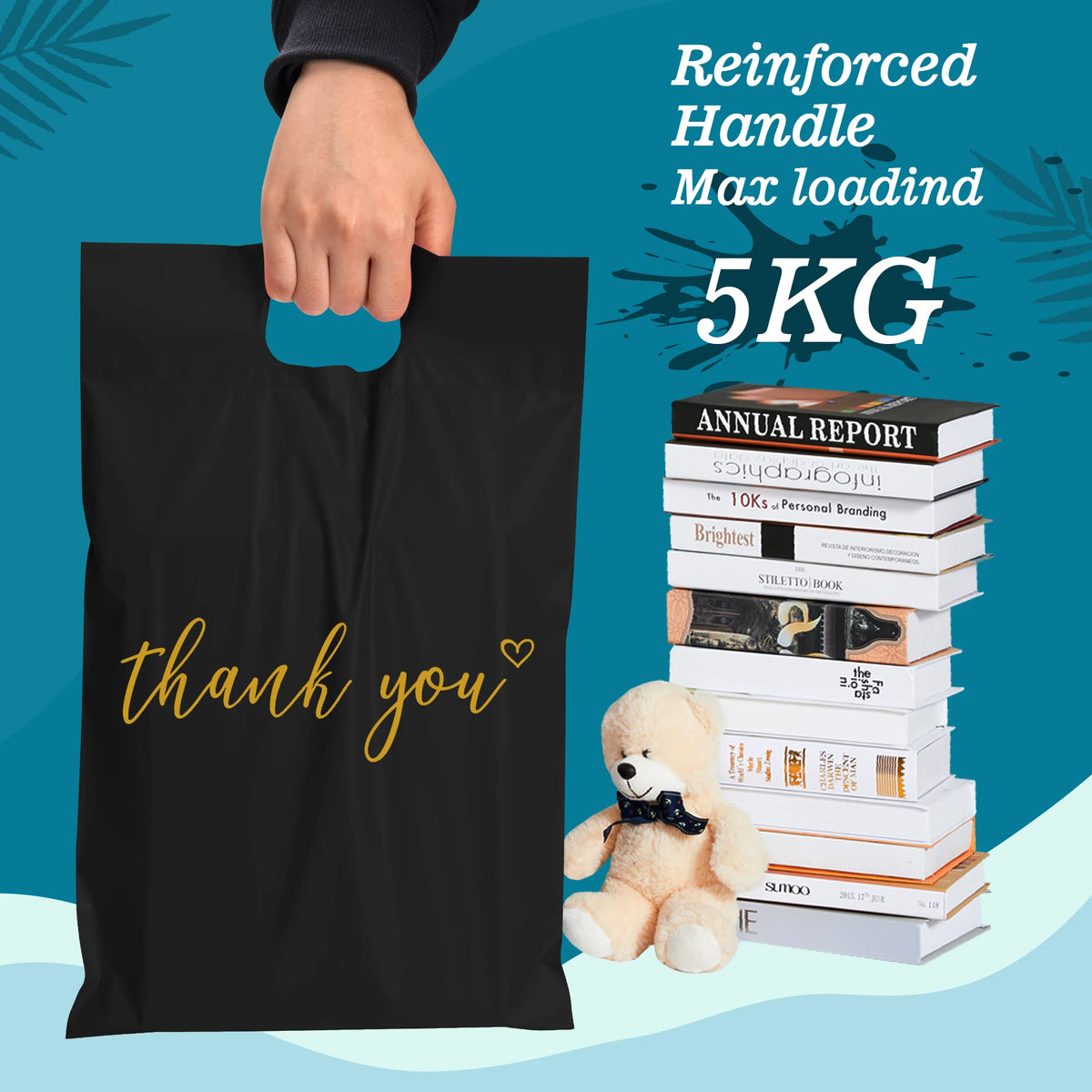 Black waterproof mailer bag with reinforced handle and 5kg max load 'thank you' print