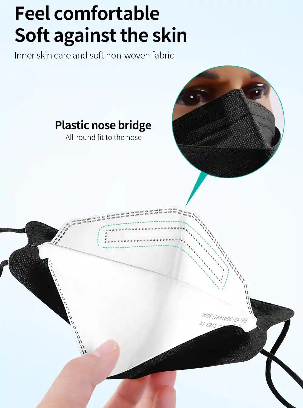 Black 4-layer FFP2 KN95 mask with soft white non-woven inner fabric, plastic nose bridge, and textured exterior finish.