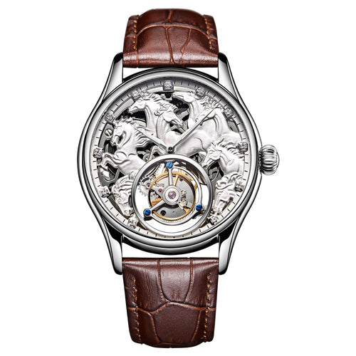 Luxury men’s automatic tourbillon watch, silver case with horse relief dial, brown leather strap, diamond markers.
