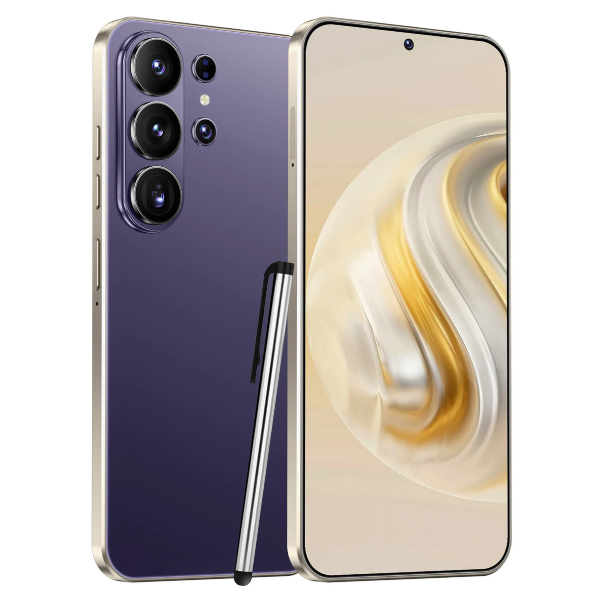 Purple 5G smartphone with cream-toned display and triple rear cameras