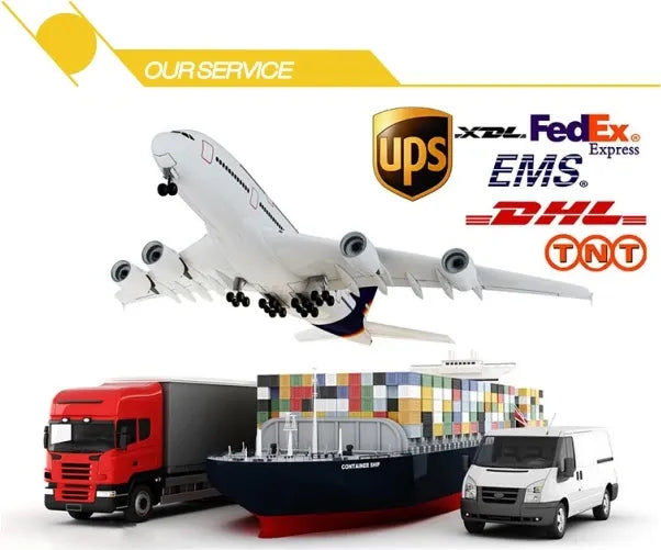 Logistics promotional graphic with plane, trucks, and shipping logos (UPS, FedEx, DHL)