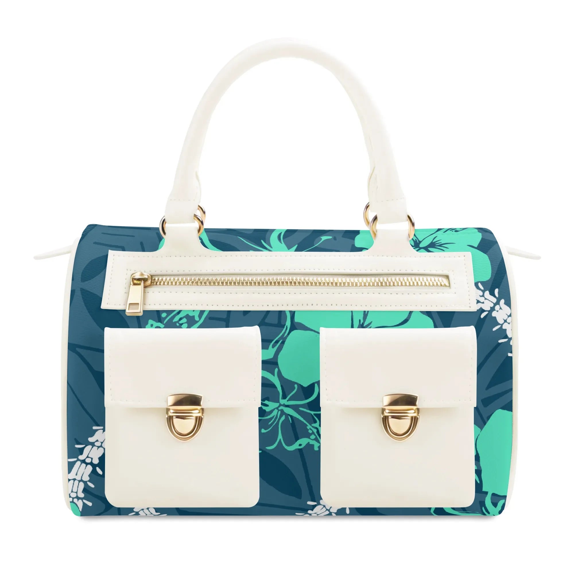 Blue and teal floral designer tote bag with white PU leather pockets, gold hardware, and double top handles.