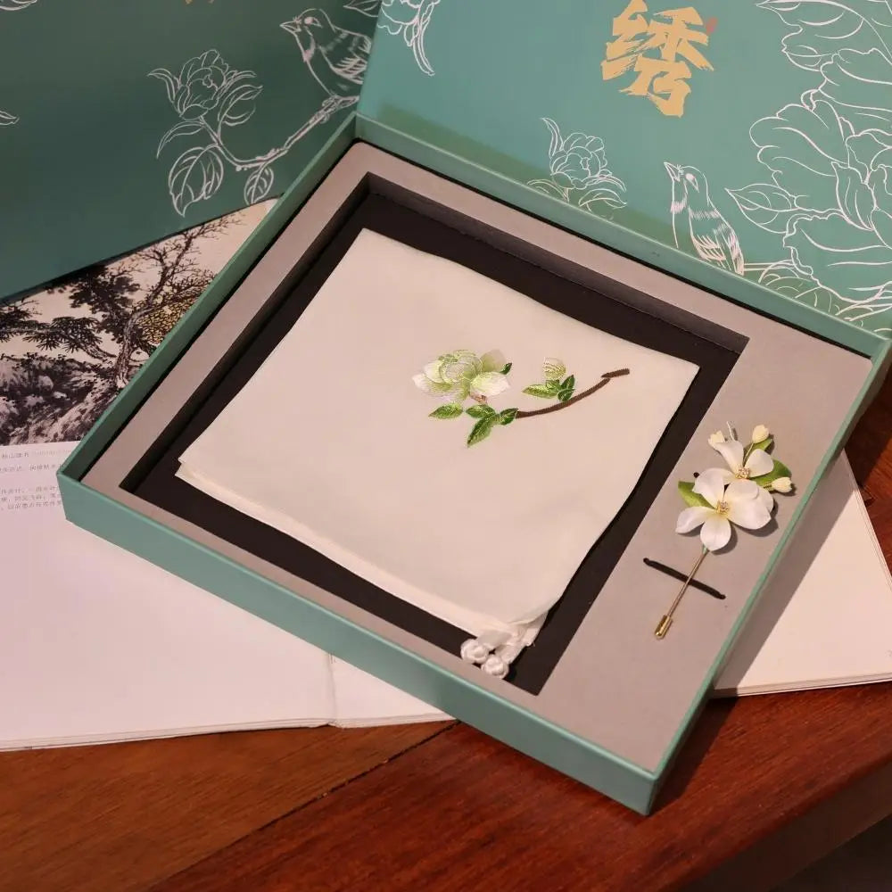 Unique Handcraft Embroidery Silk Scarf Souvenir Gift Brooch and Scarf Set