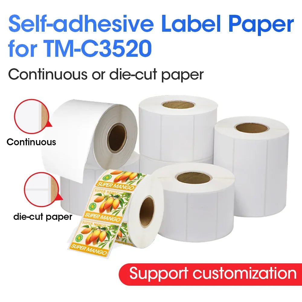 White self-adhesive label paper rolls, showing continuous and die-cut paper