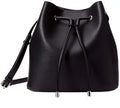 Black pebble-grain PU leather bucket bag with drawstring closure, adjustable shoulder strap, and silver-tone hardware.
