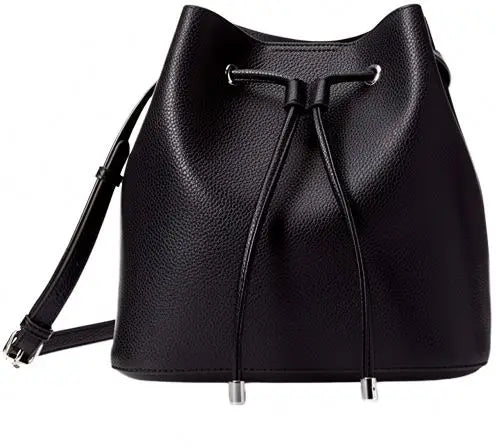 Black pebble-grain PU leather bucket bag with drawstring closure, adjustable shoulder strap, and silver-tone hardware.