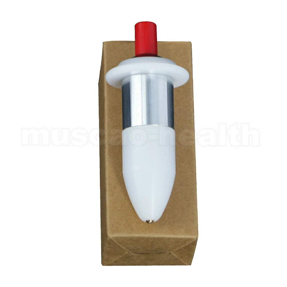 Portable trigger point activator tool for muscle relaxation with white and silver body and red push-button top.