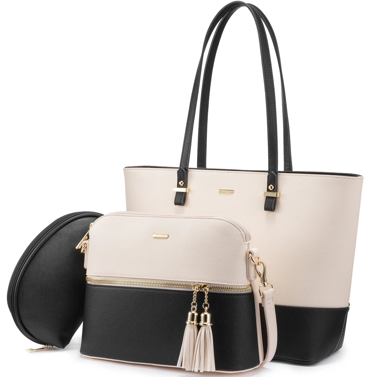 3-piece designer handbag set: black and beige PU leather tote, crossbody, and pouch with gold tassel accents.
