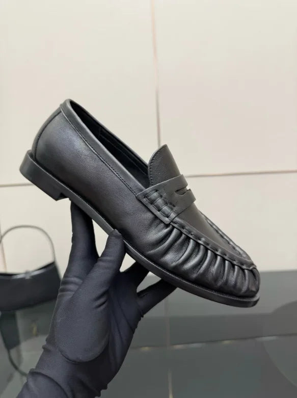 Women's Genuine Leather Loafers Ruched Backless Mules Comfortable Flat Slip-ons Soft Casual Walking Shoes Spring Slides