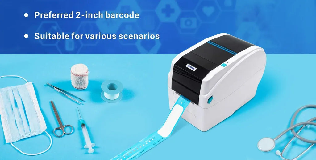 White label printer angled view with label strip feed and barcode label supply spool.