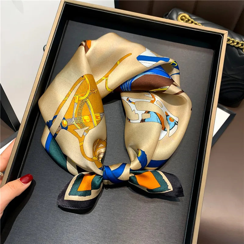 Women's Spring Autumn Mulberry Silk Square Scarf, Elegant Geometric Print, Soft & Smooth Neck Scarf
