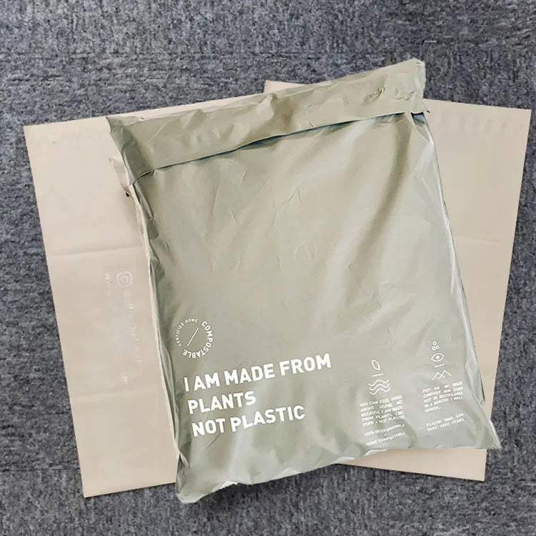 Light khaki poly mailer with eco text 'MADE FROM PLANTS, NOT PLASTIC'