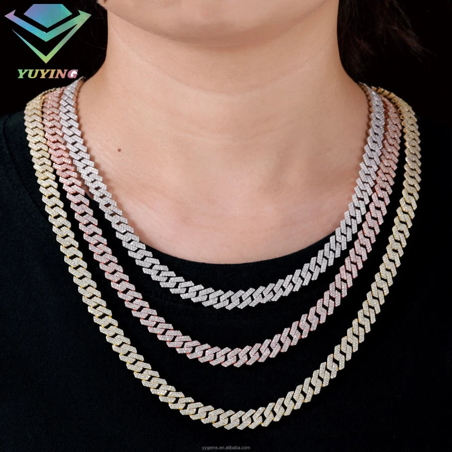 8mm-12mm Width 100% Pass Tester 18k Gold Plated 2rows VVS Moissanite  925 Silver Cuban Link Chain for Hip Hop Rapper Jewelry