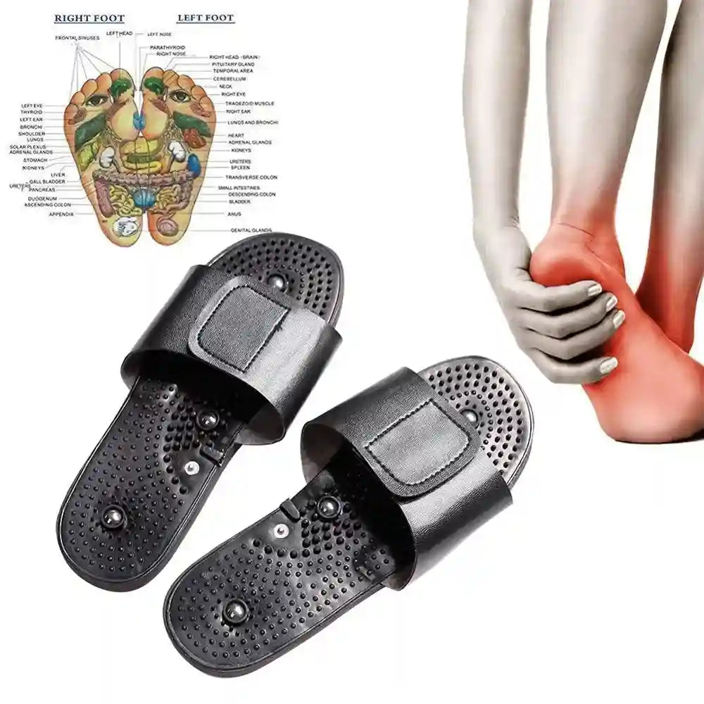 Black acupuncture reflexology massage sandals with acupressure nodules to relieve foot pain and promote relaxation.