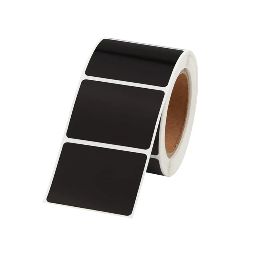 Black square adhesive sticker labels on roll with white backing, waterproof oil resistant