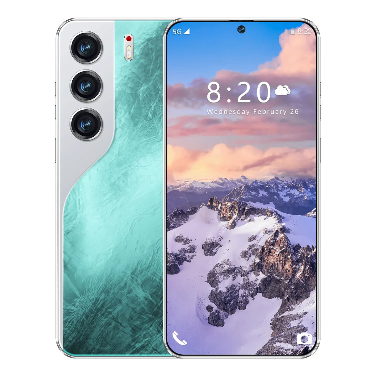 Dual-view smartphone with green back panel and front display showing a mountain wallpaper