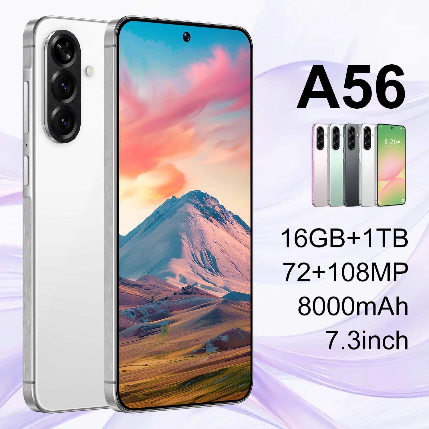 Tidesmit A56 5G smartphone with 7.3 inch HD screen and 108MP camera featuring Android 14 and octa core processor
