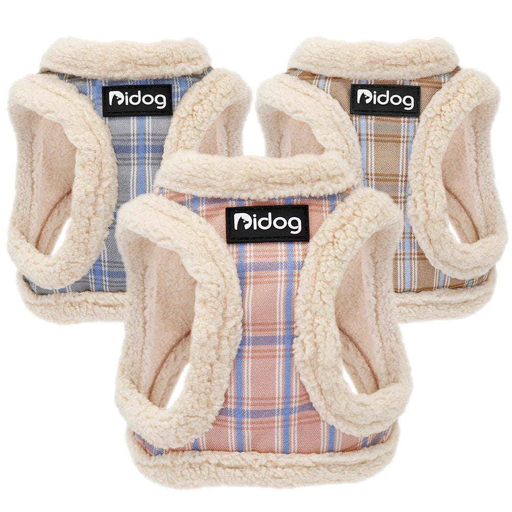 Soft, warm plaid fleece winter harness vests for small dogs and cats. Adjustable no-pull pet gear in assorted colors.