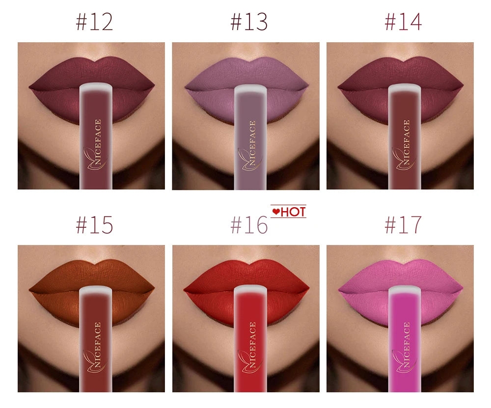 NICEFACE velvet matte liquid lipstick set showing waterproof nude, red, and pink shades with long-lasting pigment.