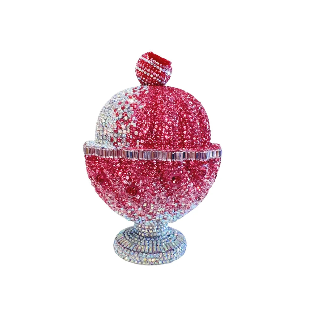 Pink crystal-encrusted ice cream sundae novelty clutch, sparkly designer evening handbag for parties.