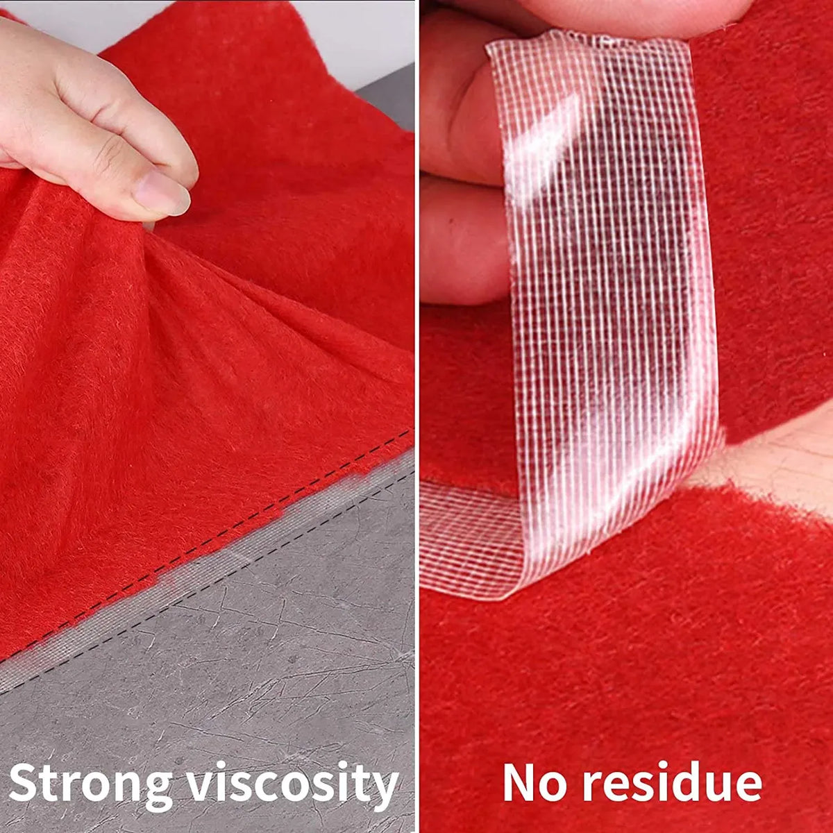 Double-sided fabric tape adhered to red cloth, showing adhesive through clear liner