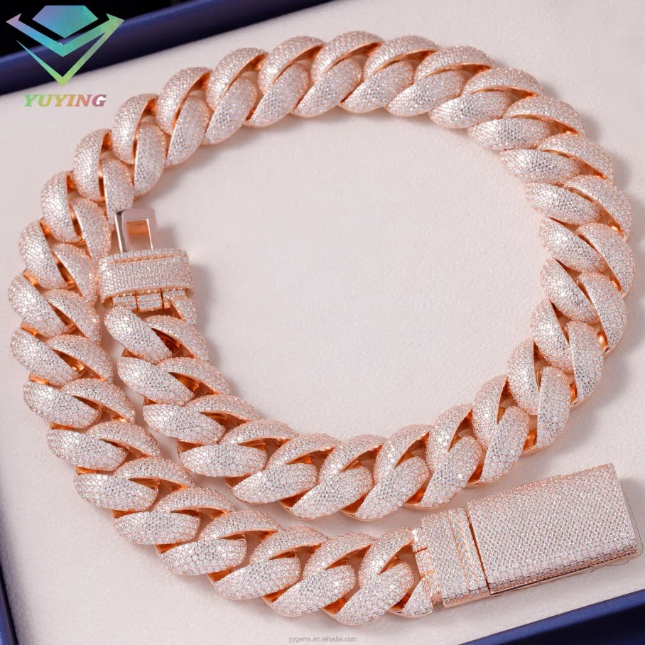 Custom Moissanite Heavy Silver Chain for Men 13mm-22mm Width S925 Solid Rose Gold Plated VVS Moissanite Diamond Cuban Link Chain