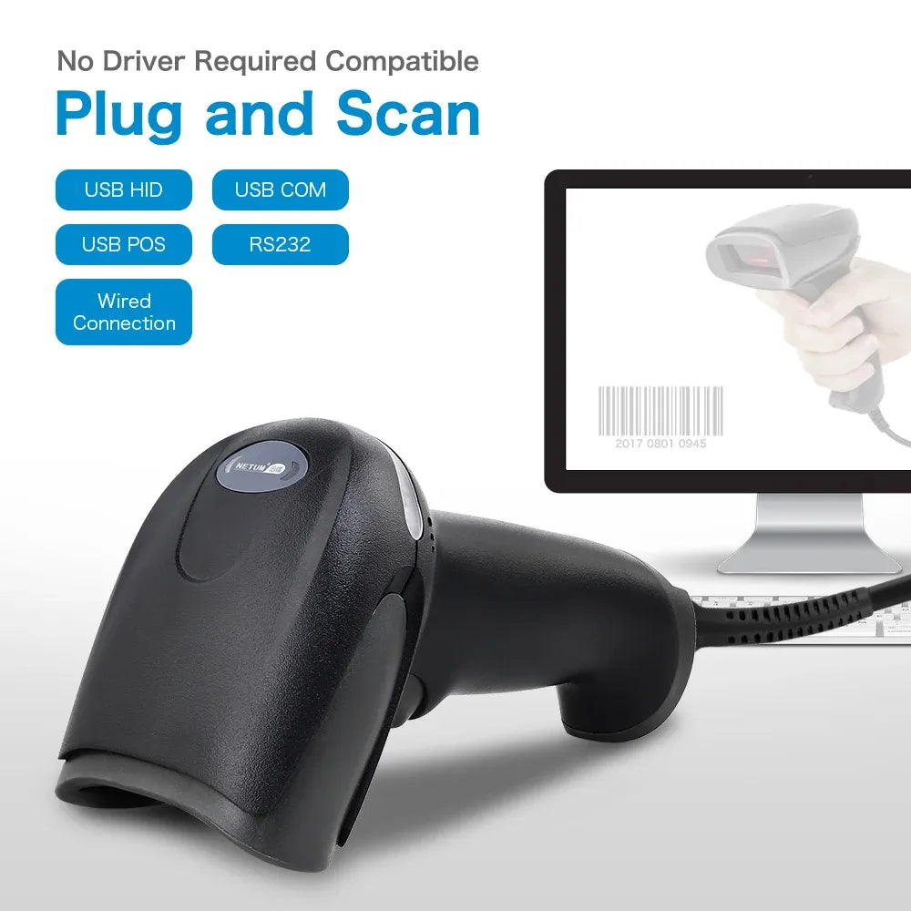 Black handheld wired barcode scanner with USB cable for plug-and-scan