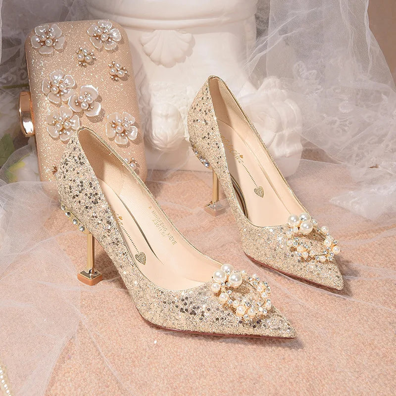 Luxury Shiny Champagne Gold High-heeled Women's Shoes Pointed Toe Designer Heels Ladies Sexy Bridal Wedding Gowns Shoe