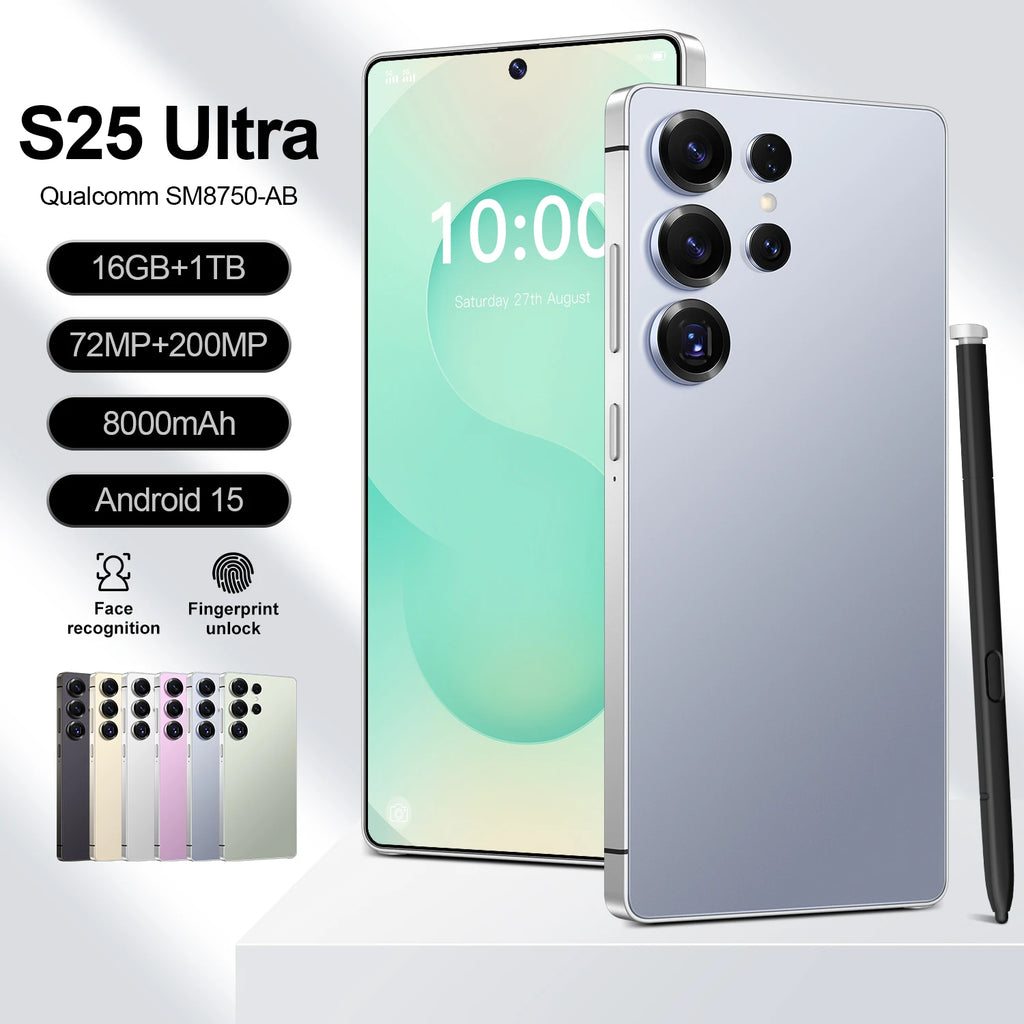 S25 Ultra 5G smartphone with 16GB RAM, 1TB storage, 108MP camera, and 8000mAh battery in sleek black finish