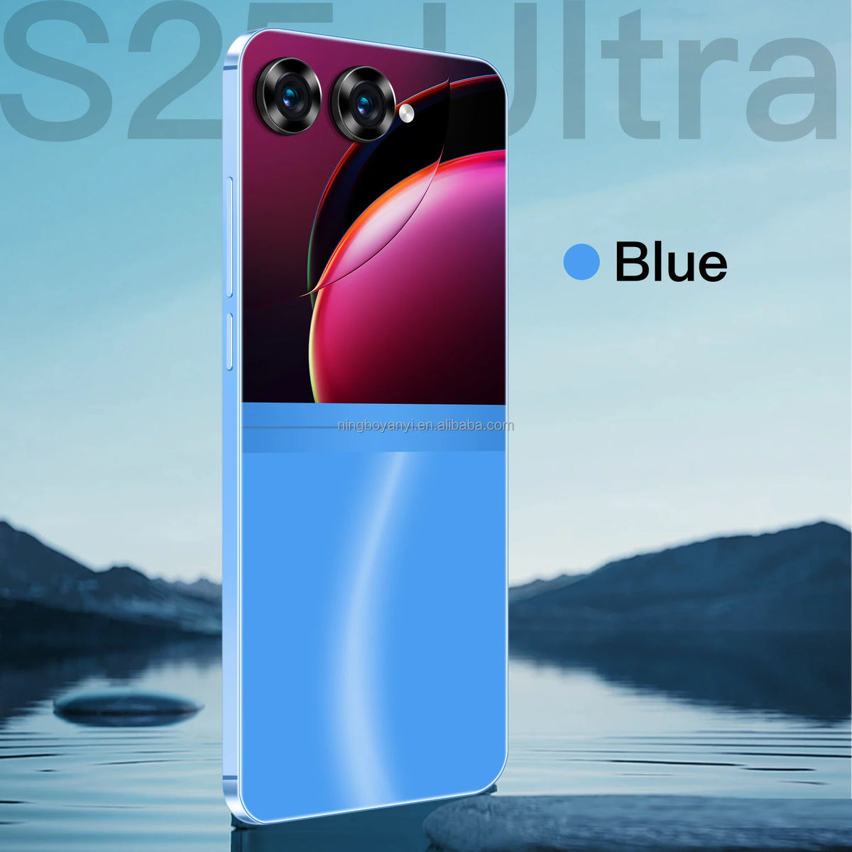 Blue smartphone back with triple cameras and magenta gradient panel