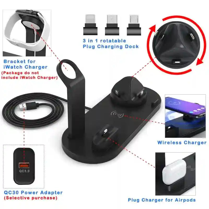 4 in 1 Wireless Charging Station - Fast 15W Qi Certified Dock (Black) Tidesmit