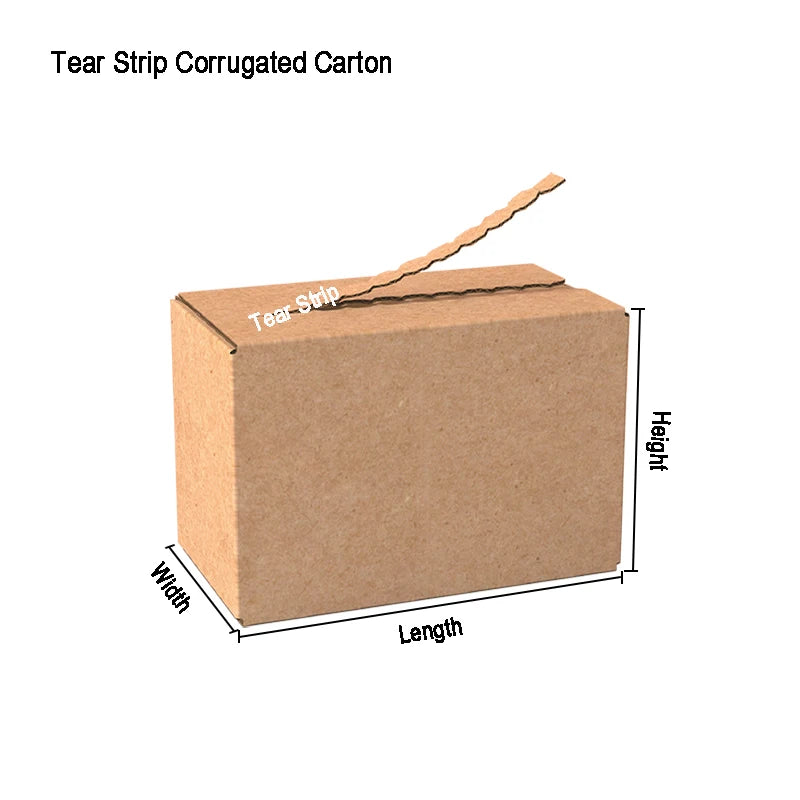 Corrugated tear-strip carton with length, width, and height shown