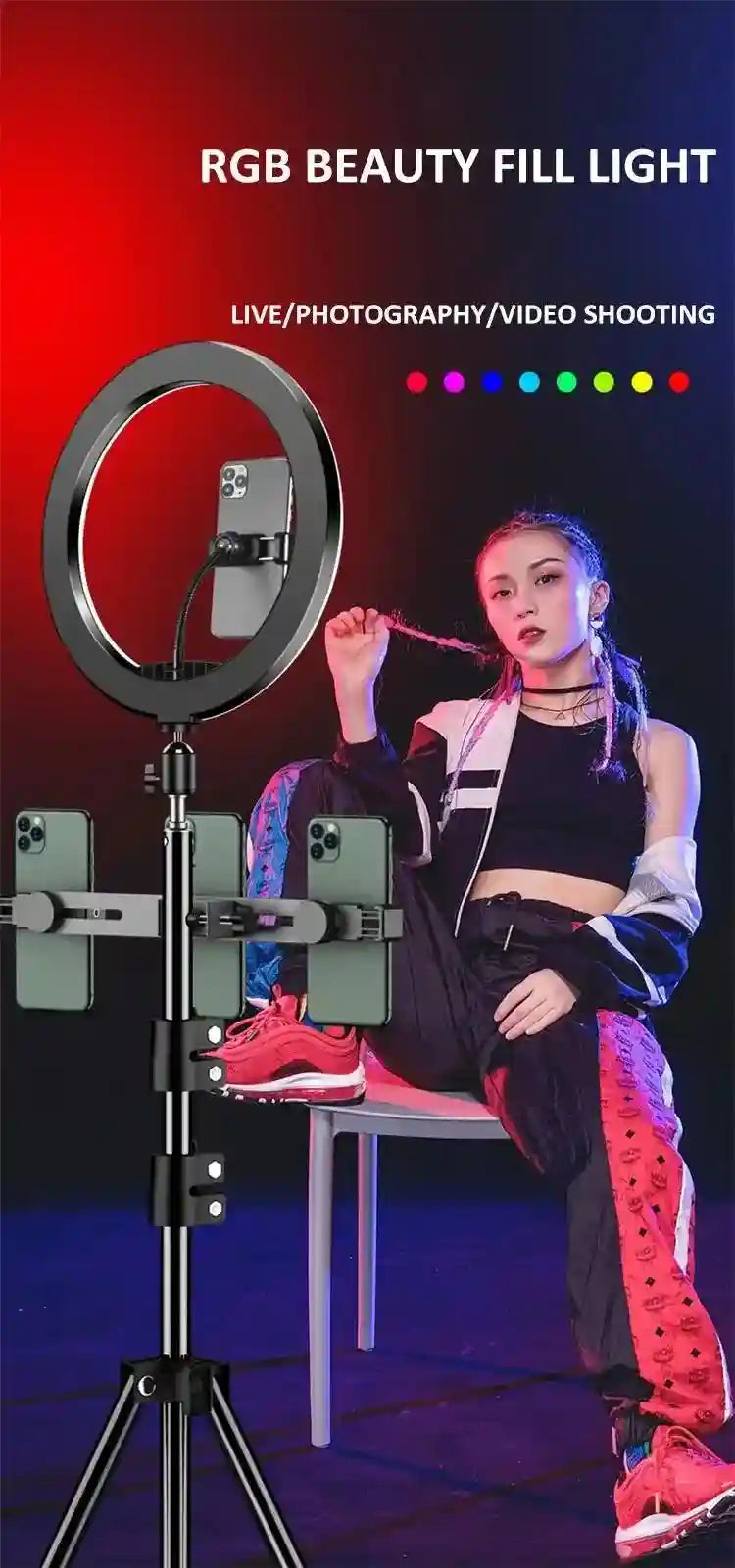 RGB ring light on a tripod stand with multiple phone mounts for live streaming, photography, and video recording.