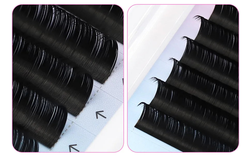 Black Tidesmit Russian Volume eyelash extension strips arranged in neat rows on a grid backing card.