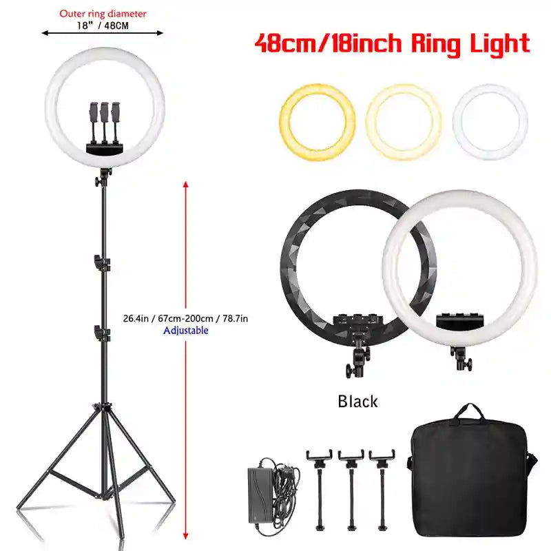 18-inch LED ring light with adjustable 78-inch tripod stand, three phone mounts, power adapter, and carrying case.