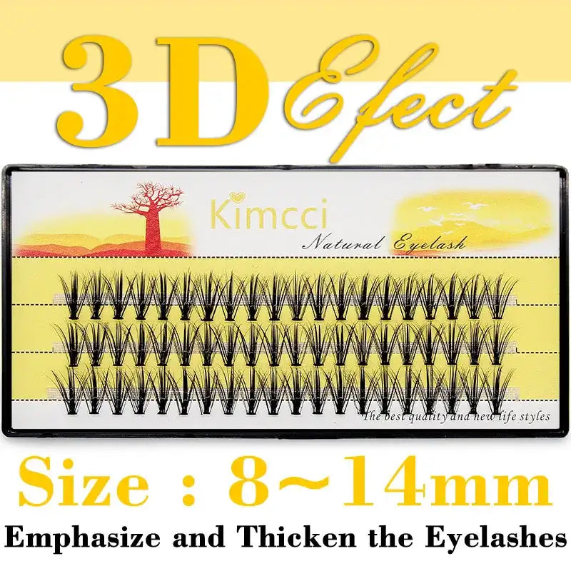 Tray of black Kimcci Russian volume 20D eyelash clusters in a yellow box, labeled 3D effect and 8-14mm sizes.
