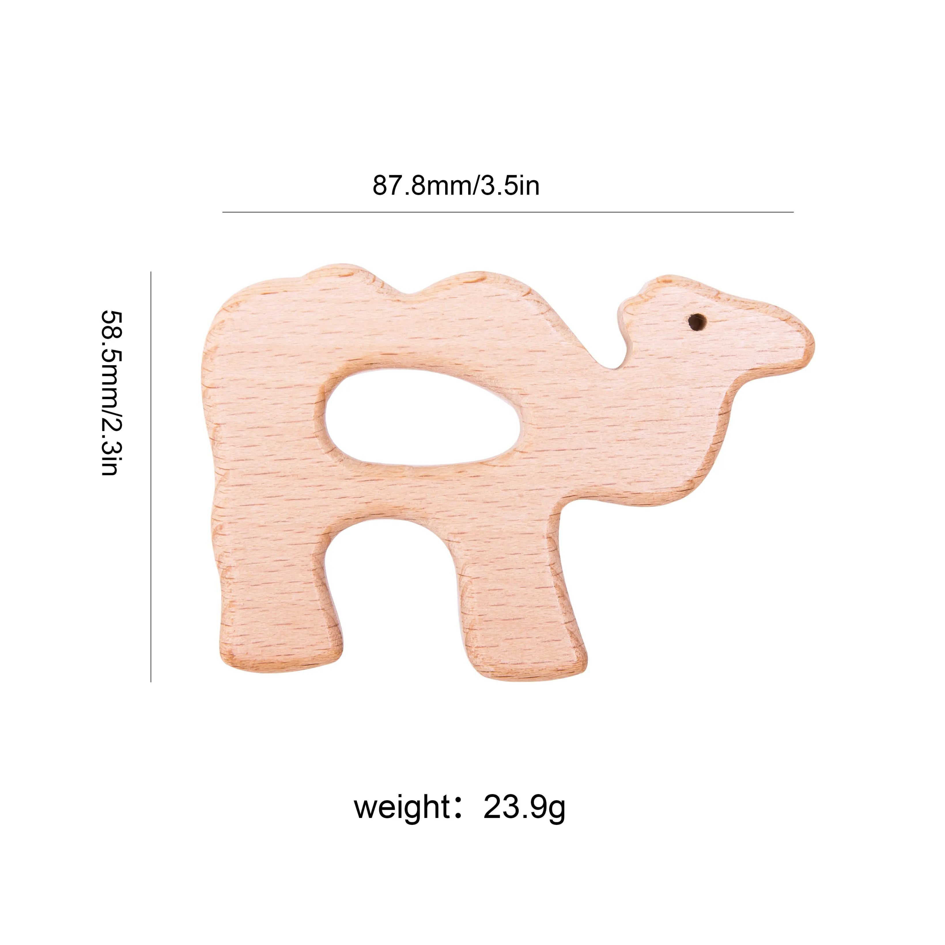 Natural wood camel baby teething toy in beige for soothing sore gums.