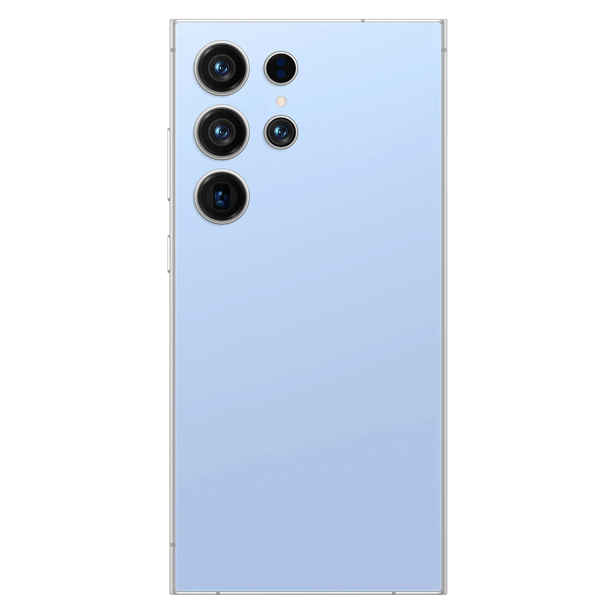 Blue titanium smartphone back with quad rear camera lenses.