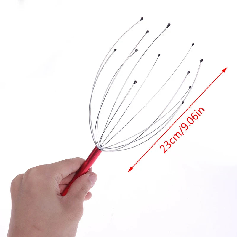 Hand holding red 9-inch octopus head scalp massager for stress relief, headache relaxation, and blood circulation.